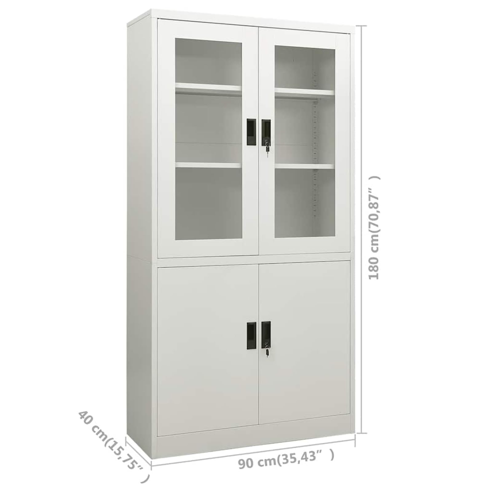 Gecheer Armadio per ufficio, schedario con 3 ripiani regolabili e 2 serrature, 90x40x180 cm, acciaio e vetro temperato, mobile per documenti for organizzazione ufficio e archiviazione