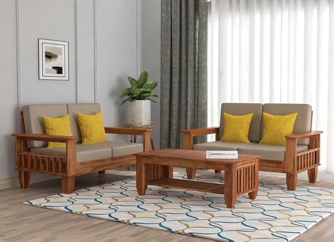 Image of Sheesham Wooden 4 Seater Sofa for Living Room | Rosewood 4 Seater Cushion Sofa with Side Newspaper Holder for Home & Office | Solid Wood Sofa Set for Lounge (Honey,2+2 Seater)