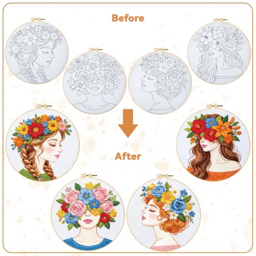 Image of BEUNITONE 4 Set Embroidery Kits for Beginners Adult with Pre-Print Pattern | 7.9x7.9 inch Include Embroidery Cloth Hoops Threads for Craft Lover, Beautiful Flower Lady Pattern for Women Home Decor