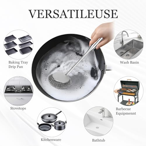 Generic Escova de lã de aço inoxidável de cabo longo, escova de grelha sem cerdas com cabeças de esc