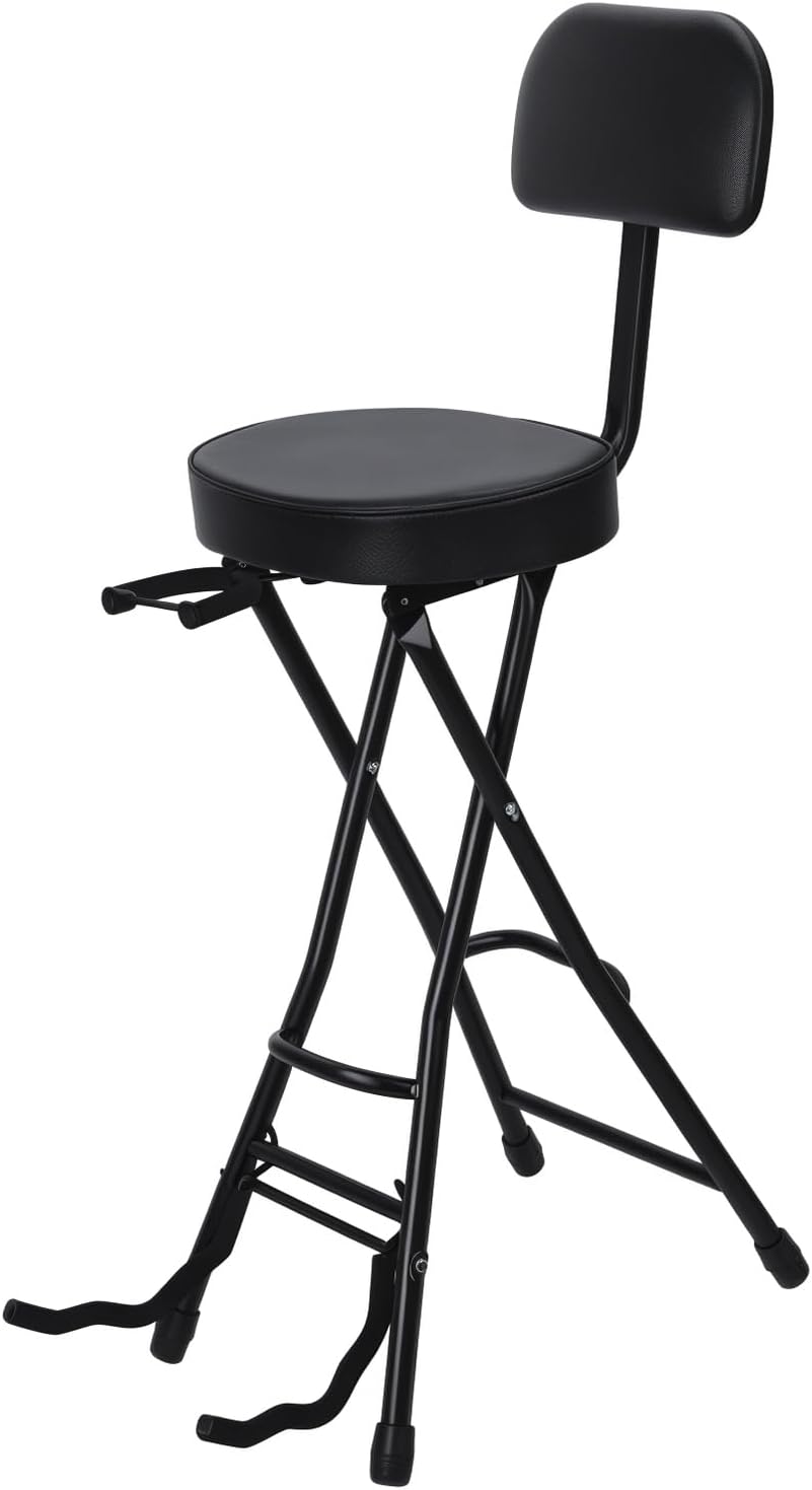 Guitar Stool with Backrest & Built-in Instrument Stand, Foldable Musician Chair with Padded Cushion & Footrest, 300lb Capacity Seat for Acoustic Electric Bass Black