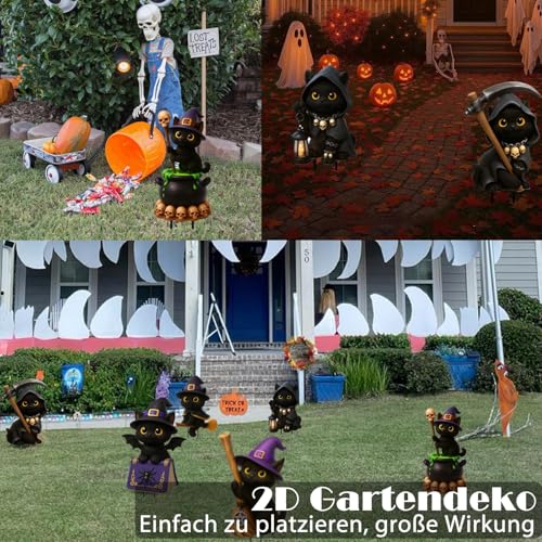 ILMFMY Halloween Gartendeko – 6er Set Schwarze Katzen Figuren mit Hexenhut, Besen, Sichel & Flügel, wetterfest & wiederverwendbar, Outdoor Gruseldeko für Garten, Terrasse, Rasen & Party