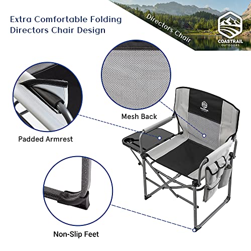 Coastrail Outdoor Extra Compact Directors Camping Chair Portable Folding Chair With Large Side Table & Cup & Phone Holder, Breathable Mesh Back, Storage Pockets And Handle,Free Bonus Carry Bag,Grey #TOP6