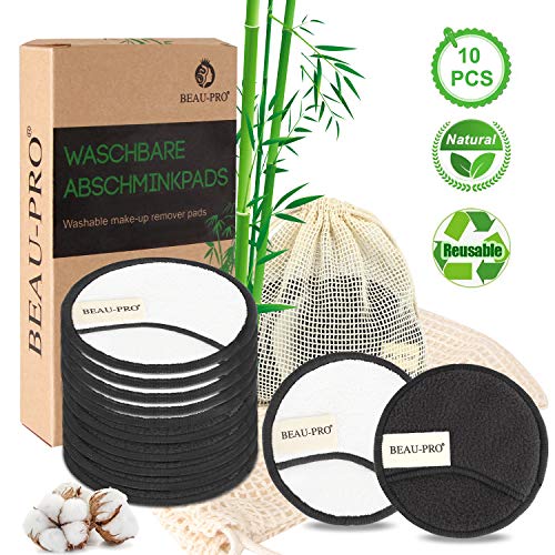 Discos Desmaquillantes Reutilizables, 10 Algodones Desmaquillantes Reutilizables Ecologicos, 5 Carbón de Bambú y 5 de Fibra de Bambú Desmaquillante Facial Para Todo Pieles, Lavables con Bolsa