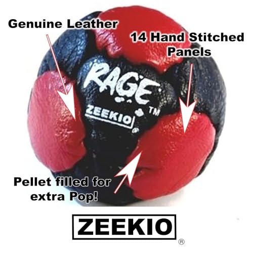 Zeekio -The Rage- 14 Panel Genuine Leather Footbag - Black and Red Hacky Sack