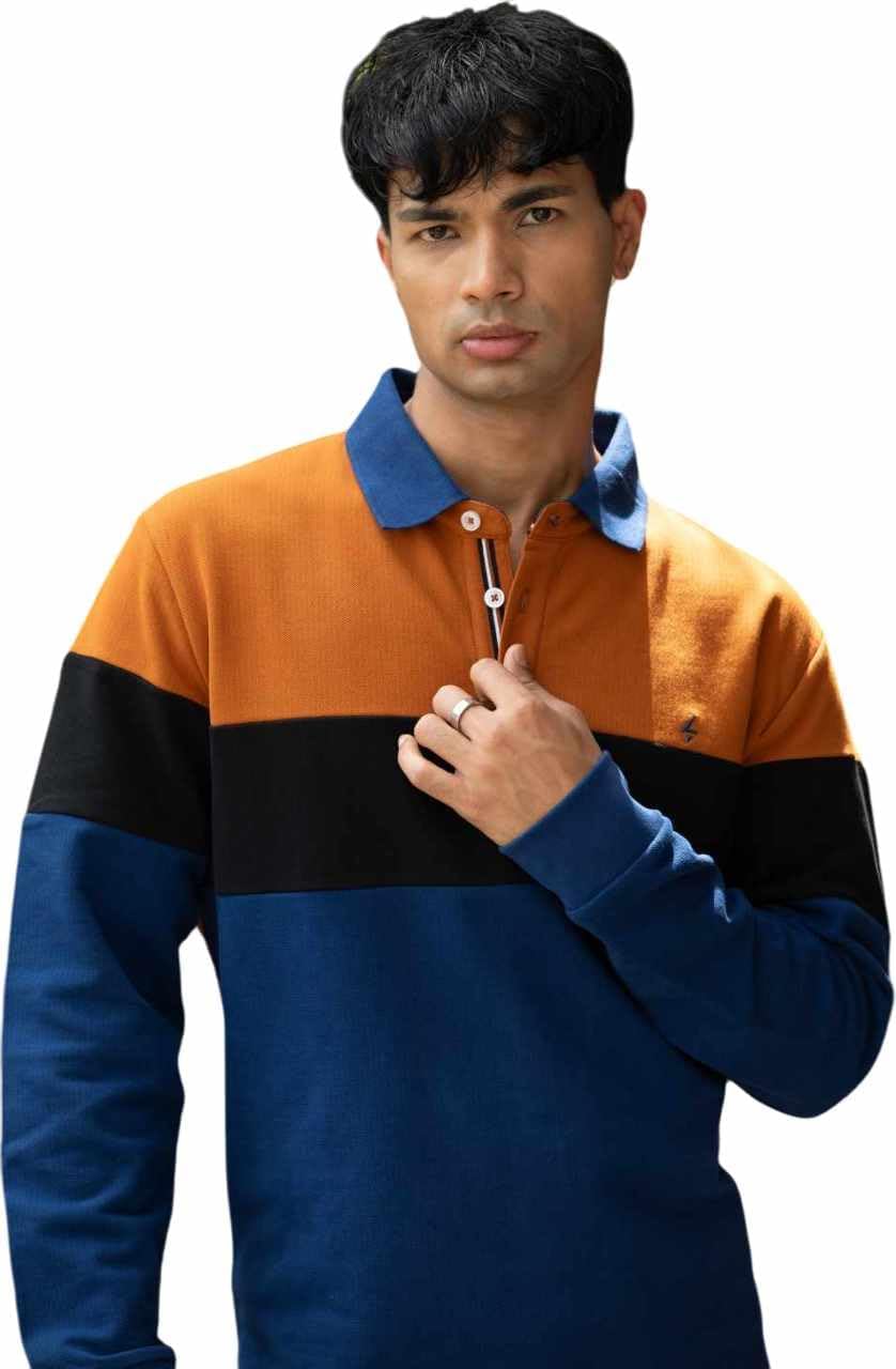 RYFT Men's Long Sleeve Thick Polo T-Shirt/Sweater, Color Block Design, 3-Button Collar