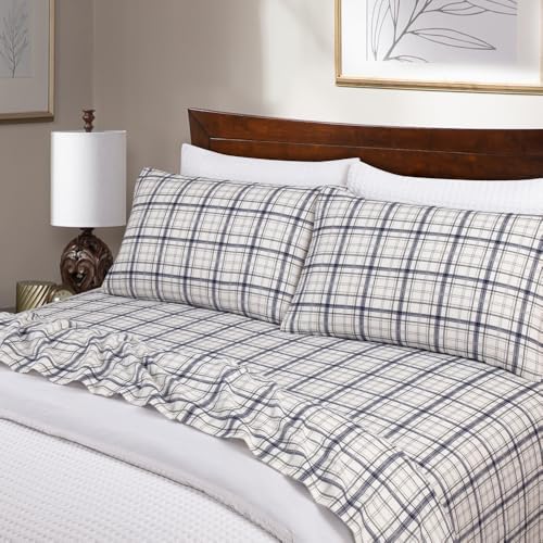 Flannel Sheets King Size Rich Cotton -High GSM Flannel Bed Sheet Deep Pockets - Warm & Cozy Flannel Sheet Set for All Seasons (Plaid on Chambray) - Thumbnail 2