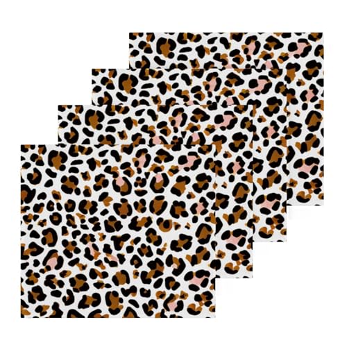 YANENDIE Leopard White Brown Washcloths Towels, Highly Absorbent and Soft Cotton Face Cloths, 4 Pack Quick Dry Wash Cloths - 12 X 12 Inches