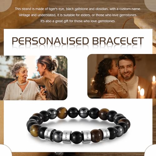 Personalized Tiger Eye Bead Bracelet Men: Custom 1-5 Name Beaded Bracelets for Men - Energy Stone Black Gallstone Obsidian Bracelet - Image 3