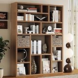 BOSHIRO 6-Tier Large Open Bookcase 71" Tall Sturdy Wooden Bookshelf with Baskets,Modern Style 16-Cube Home Display Shelf for Bedroom, Living Room（Oak Color）