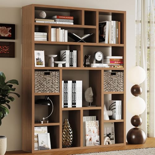 6-Tier Wooden Bookcase with Baskets 71” Tall