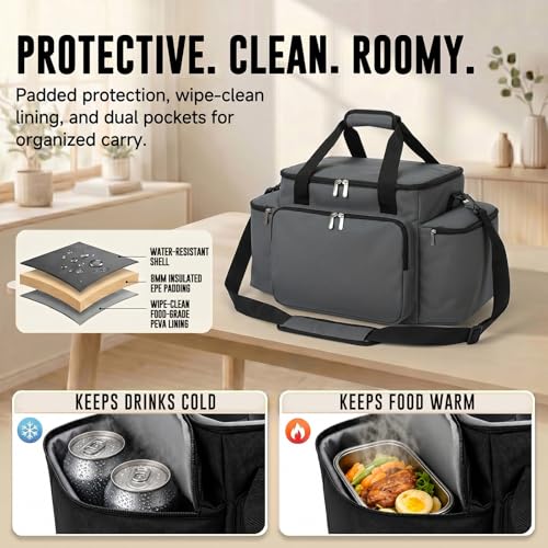Image of Carrying Case for Ninja Crispi Air Fryer 4QT 6-Cup Glass Containers | 8mm EPE cushioning, wipe-clean PEVA lining, water-resistant Oxford, dual side pockets for travel, office, RV, camping