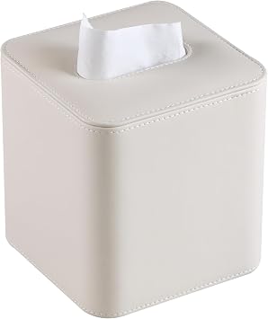 PU Leather Tissue Box Cover with Magnetic Closure, Square Tissue Box Holder with Rounded Edges Design Beige, Square