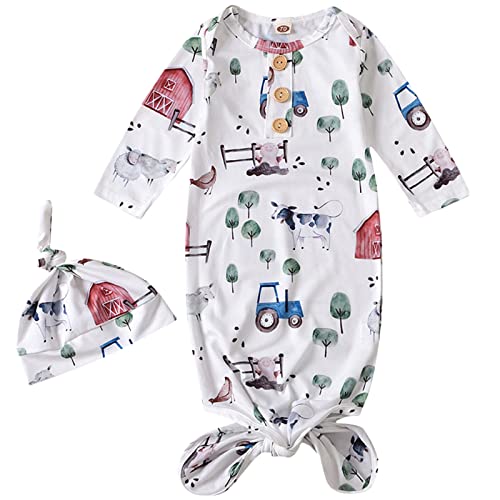 AMAWMW Newborn Baby Boys Girls Cartoon Sleeper Gown Long Sleeve Mountain Nightgown Hat Outfits