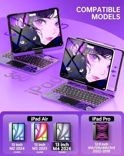Image of Intermerge Transparent Case with Keyboard for iPad Air 13 inch(M4 / M3 / M2, 2026 /2025 / 2024) & Pro 12.9 inch (2022-2018) - 360 Swivel Multi-Touch Trackpad, 7-Color Backlit, Pencil Holder, Neon Pulse