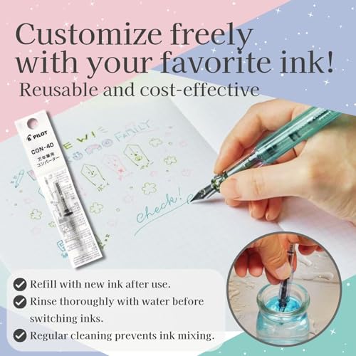 Image of Fountain Pen Set CON-40 Converter & Kakuno Fine Nib with Black Ink Cartridge & Sticky Notes - Refillable Ink System, For Beginners, Calligraphy (Green FKA-1SR-KBOG-F)