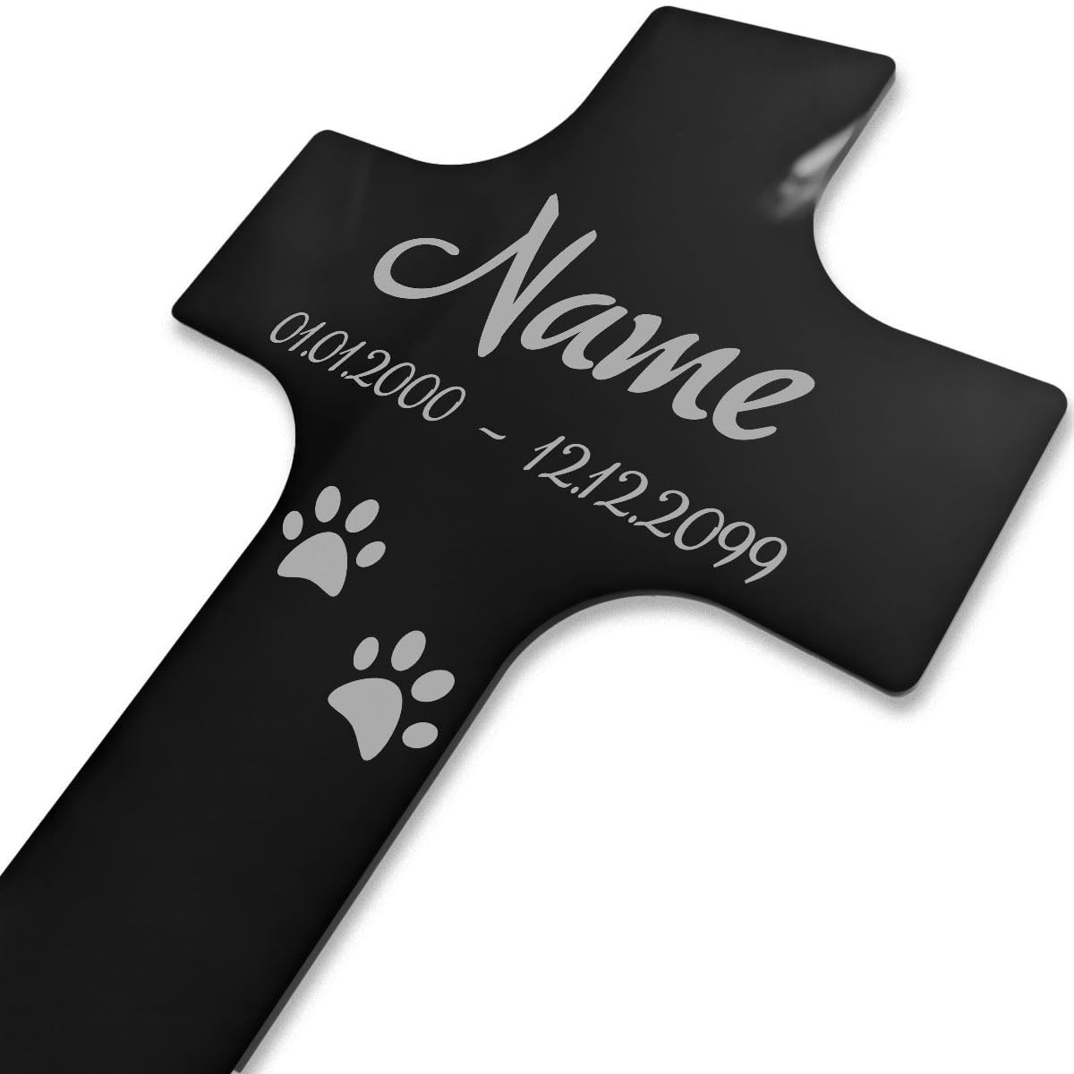 Paule Black Personalisiertes Tier Grabkreuz mit Text Gravur - Acrylglas Schwarz Hochglanz 150 x 300 mm - wetterfest, für Hund, Katze und alle Haustiere, individueller Text