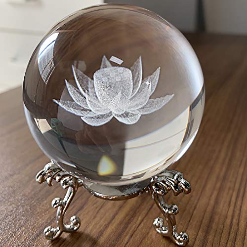 Hdcrystalgifts Crystal 2.4 Inch (60Mm) Carving Lotus Crystal Ball With Sliver-Plated Flowering Stand,Fengshui Glass Ball Home Decoration #TOP1