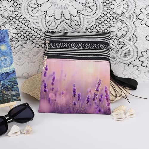 Lavender Print Women Crossbody Bag Men Adjustable Shoulder Strap Purple Floral Messenger Bag Birthdays Holiday Gift for Lavender Lover Daily Use Crossbody Purse3