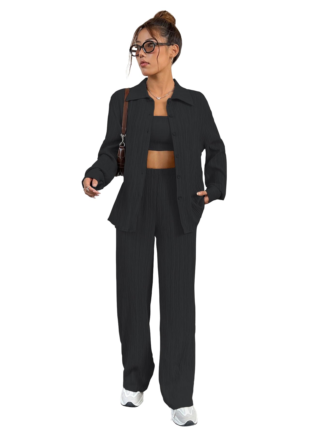 Women’s 3-Piece Co-ord Set – Solid Button Front Shirt, Strapless Tube Top & Wide Leg Pants | Casual Loose Fit Western Outfit for Daily Spring/Fall Wear (Co-Ord-208)