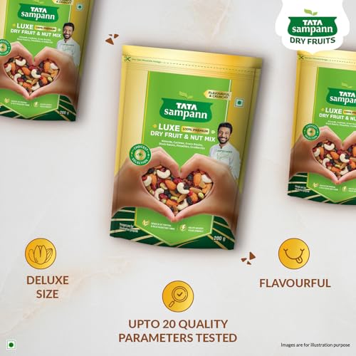 Image of Tata Sampann Luxe Dry Fruit & Nut Mix, 200g, Source of Protein, Magnesium & Phosphorus, Rich in Dietary Fiber, Flavourful & Crunchy Snack, Almonds, Cashews, Green Raisins, Black Raisins, Pistachios, & Cranberries