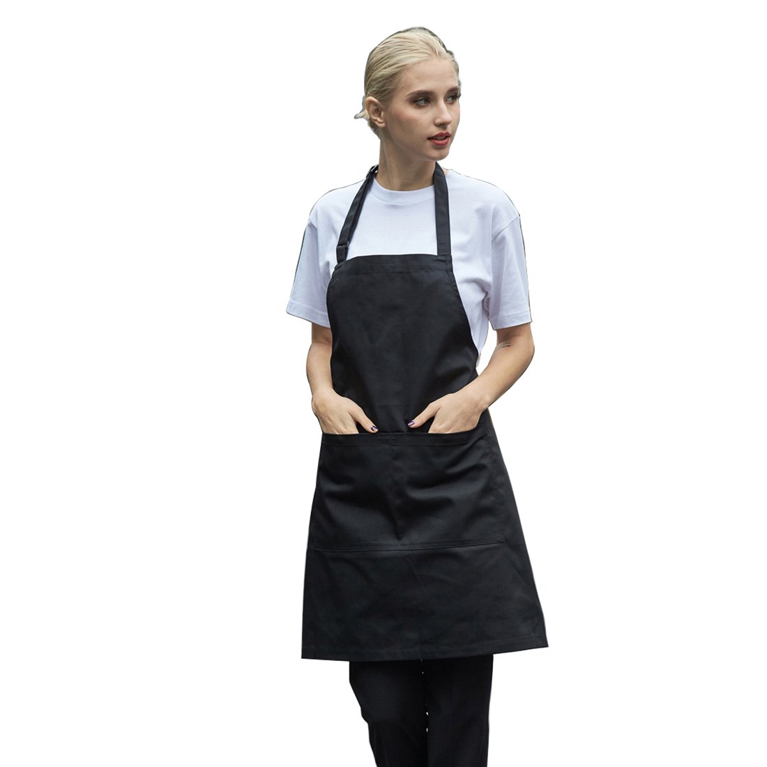 LISSOMPLUME Adjustable Kitchen Bib Apron with 2 Pockets for Men Women - Black
