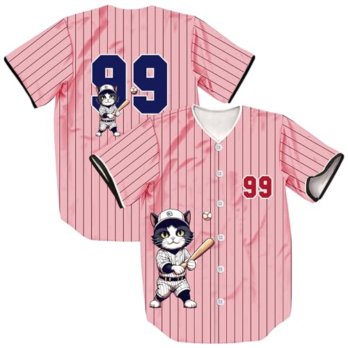 ZIBRAL Unisex Retro Cute Baseball-Cat 99 Baseball Jersey Short Sleeve Baseball Cardigan ZJ001-Pink-S