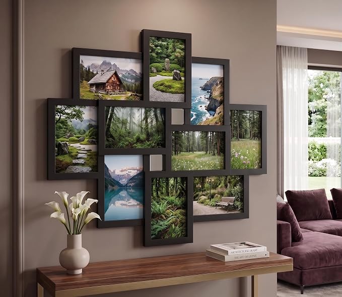 DEENZ 10-Multi Opening Photo Frame Wall Hanging Family Collage 6x4'' Aperture Picture Glass Panel Living Room Decor Gift Idea Large 55.3x49.5x2.5Cm, BLACK