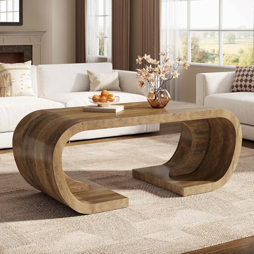 Tribesigns Farmhouse Coffee Table, 47' Heavy Duty C-Shaped Center Table with Curved Base, Large Tea Table for Living Room, Entertainment Room, Home Office, Rustic Brown