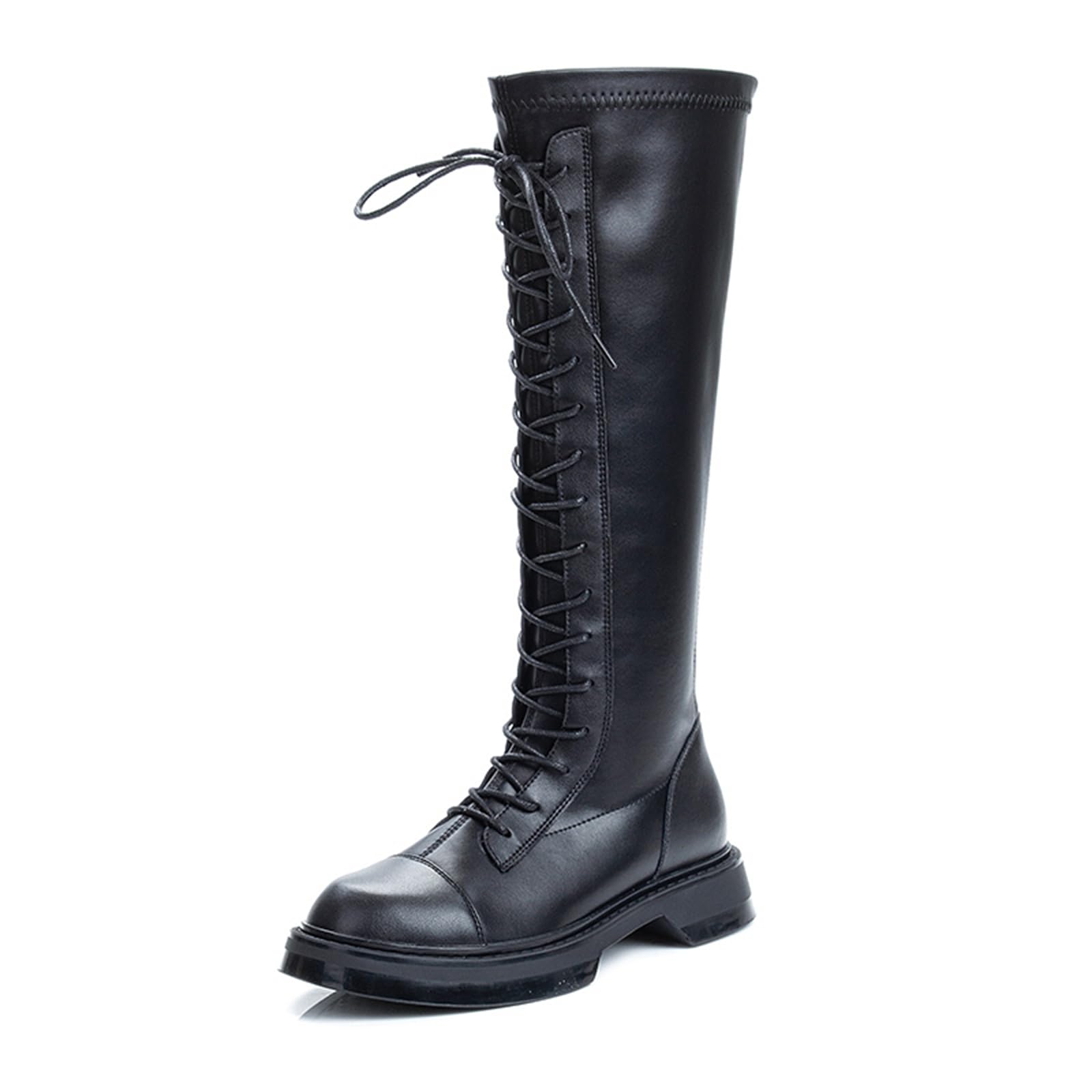 Womens Platform Knee-High Boots Genuine Leather Round Toe Lace-Up Zipper High Boots Suitable For Cycling Work Dating