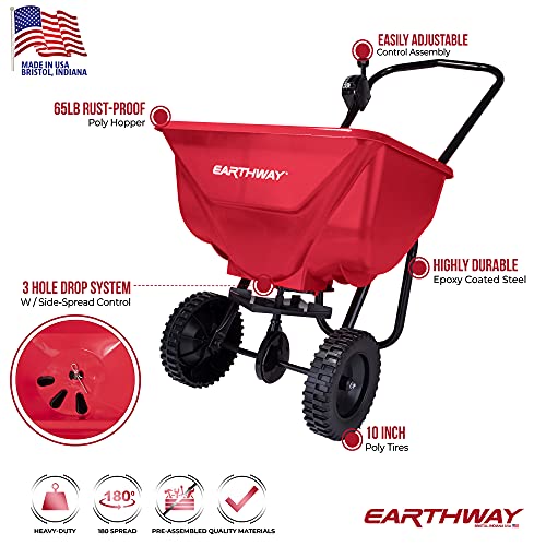 Earthway 2030 Single 65 Lb (29 Kg) Capacity Commercial Walk-Behind Broadcast Spreader For Grass, Fertilizer, Seeds — Includes Side Spread Control, Even Spread, Poly Tires #TOP4