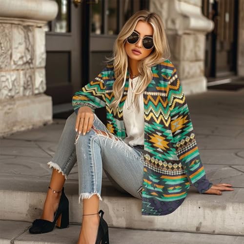 Image of Women's Aztec Open-Front Jacket Lightweight Casual Outerwear Native Western Aztec Pattern & Plaid Houndstooth Print