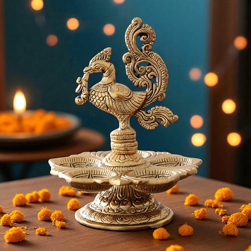Image of Metal Peacock Oil Lamp Diya, Traditional 5-Wick Diya, 13 cm Height, 160 gm, Antique Gold Finish