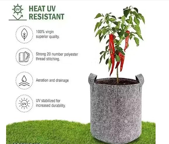 Image of OON Geo Grow Bag for Terrace and Flowers Vegetable Gardening, Premium Geo Fabric 450 GSM Plant Bags, Maroon Color, Eco Friendly Geo Fabric (5, Grey, 12X12 INCH)