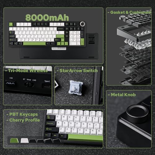 X Aula F99 PRO Tastiera Meccanica da Gioco 2.4GHz/Type-C/BT5.0, Tastiera Personalizzata Hot-Swap con Batteria da 8000mAh, Interruttore Lineare Retroilluminato RGB (Black White Green) - Tastiera gaming - Immagine 1