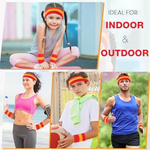 Image of Eurzom 36 Pcs Neon Sports Sweatbands Set Include 12 Striped Sweat Absorbing Headbands 24 Wristbands Athletic for Men Women Basketball Tennis Running Glow Party