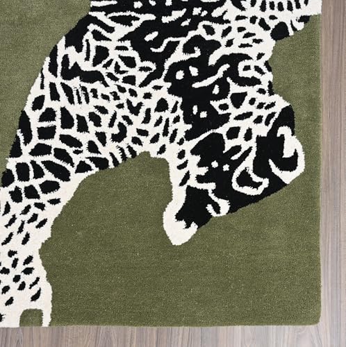 Image of Restoration and Renovation Climbing Jaguar Modern Handmade Wool Rug for Living Room, Bedroom and Dining Room (Green, 5' x 8')