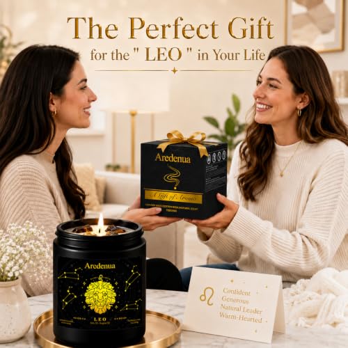 Image of Leo Zodiac Candles, Sunny Citrus Candle with Tiger's Eye Crystals | Astrology Leo Birthday Gifts for Women Men, Black Gift Box, 7 oz Soy Candle, 50 Hour Burn Time, Black Jar