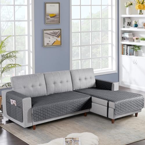 Image of TAOCOCO Sectional Couch Covers 100% Waterproof L Shaped Sofa Covers for Right Hand Facing Chaise Lounge, 2 Pieces Couch Cover L Shape Furniture Protector Slipcover for Pets Kids, Small /Dark Gray