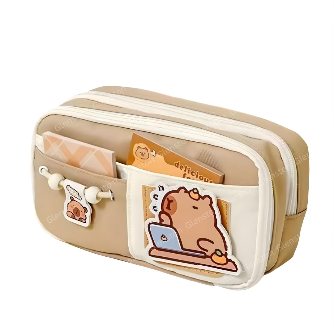Glenston Capybara Pencil Pouch Large Capacity, Cute Double Zipper Pencil Case with Front Pocket,for Kids, Students, School Stationery Organizer-image-1