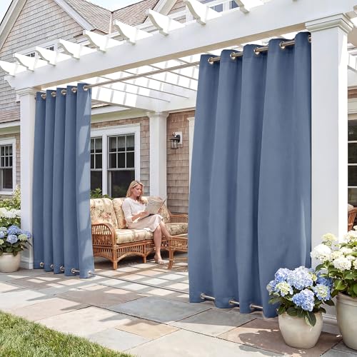 RYB HOME 2 Panels Windproof Outdoor Curtains - Waterproof Thermal Insulated Porch Coverings Blackout Privacy Shades for Patio Balcony Cabana, Stone Blue, W52 x L96 inches
