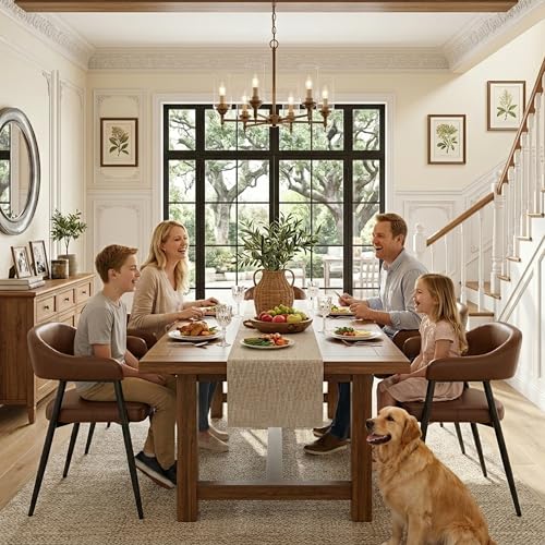 Image of HNY Modern Dining Room Arm Chairs Set of 2, Retro Faux Leather Upholstered Barrel Dining Chairs with Arms Mid-Century Brown Accent Chair with Metal Legs, Open-Back Kitchen Side Chair for Living Room