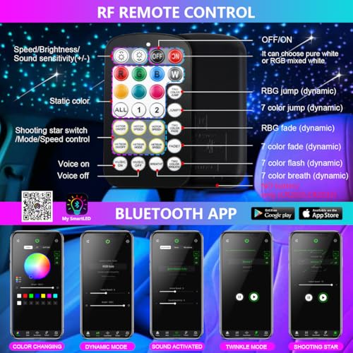 Image of Starlight Headliner Kit,Twinkle + Music Sync Dual Color Fiber Optic Star Ceiling Lights with APP Remote Control, RGBW Shooting Star Lights for Car /Home Ceiling Decor, 1000pcs 9.8ft