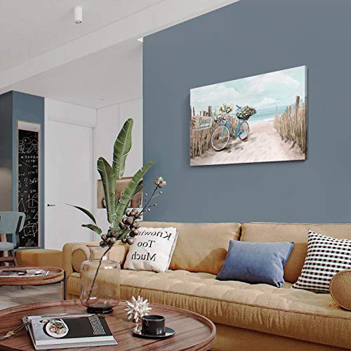 Large Wall Art for Living Room Décor Beach Picture Wall Art Modern Framed Sea Seaside Bicycle Canvas Print Seascape Artwork Ocean Painting for Home Bedroom Teal Aqua Turquoise 36x24inch - Image 4