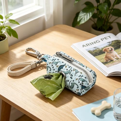 Image of ARING PET Dinosaur Dog Poop Bag Holder, Cotton Puppy Blue Dino Waste Bag Dispenser Attach to Any Leashes, Portable Washable Pet Waste Pouch Holder with Two Rolls of Bags