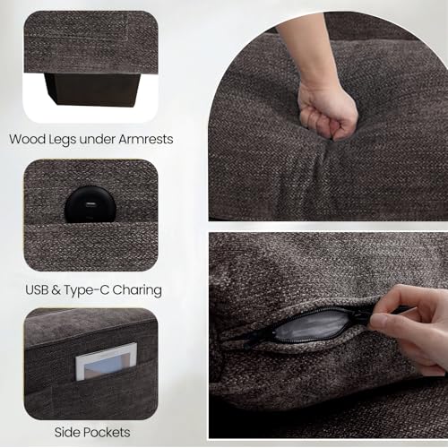 Image of TEKAMON 100 inch Modular Sofa with Seats Storage, Comfy 3-Seater Chenille Fabric Couch for Living Room, Office, Apart W /Deep Seat, USB Charging, Side Pockets, Couch with Removable Cover (Dark Grey)