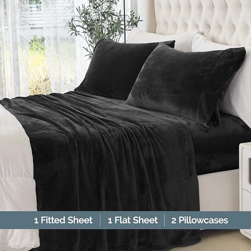 Elegant Comfort Luxuriously Soft 4-Piece Velvet Plush Flannel Sheet Set - Premium Quality - Cozy Warm, Anti-Static, Non Pilling Fuzzy Velvet Flannel Fleece Deep Pocket Sheet Set - Twin, Black
