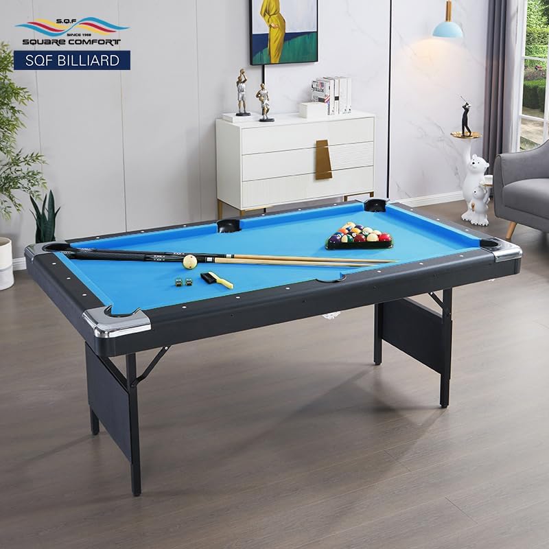 S.Q.F 7 ft Pool Table,Home & Professional Use Portable Foldable Heavy-Duty Wooden Frame Pool Table, Billiards Table, Includes 2 Cues,Full Set of Balls, Triangle Rack Chalk