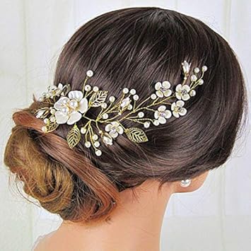 Aukmla Bride Flower Wedding Hair Vine Gold Leaf Bridal Headband Pearls Rhinestones Hair Piece for Women and Girls HV-29