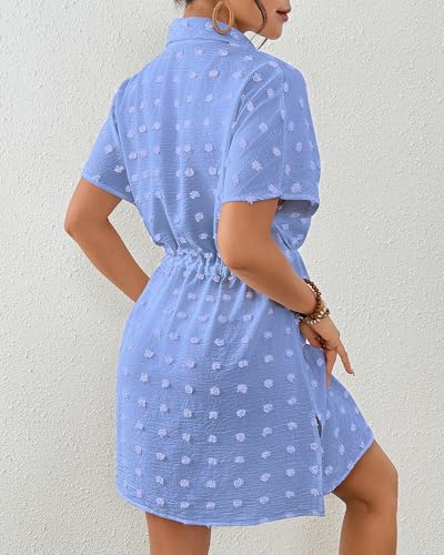 Women's Swiss Dot Short Sleeve Button Down Drawstring Cover Up Shirt Dress Blue — view 6